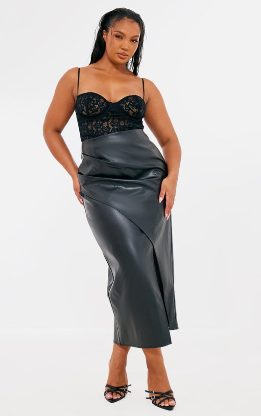 Plus Black Faux Leather Asymmetric Midi Skirt