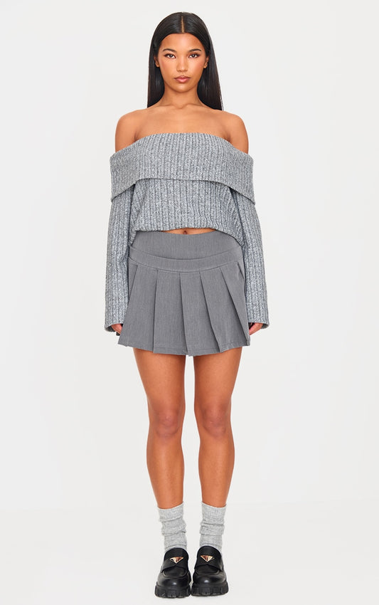 Charcoal Woven Dropped Waist Pleated Detail Mini Skirt