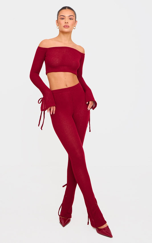 Cherry Red Sheer Soft Rib Split Hem Tie Detail Leggings