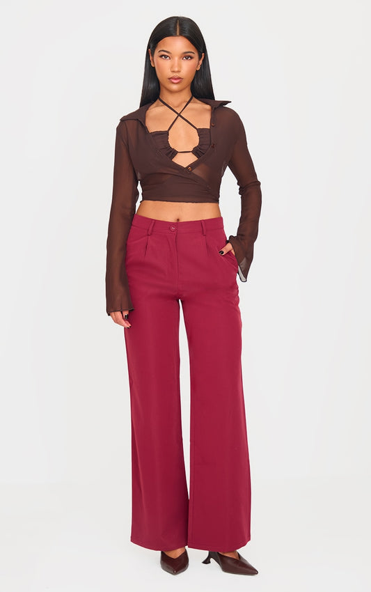 Burgundy Peach Skin Straight Leg Trousers