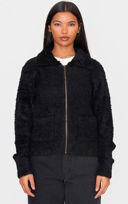 Black Pocket Detail Zip Up Knitted Cardigan