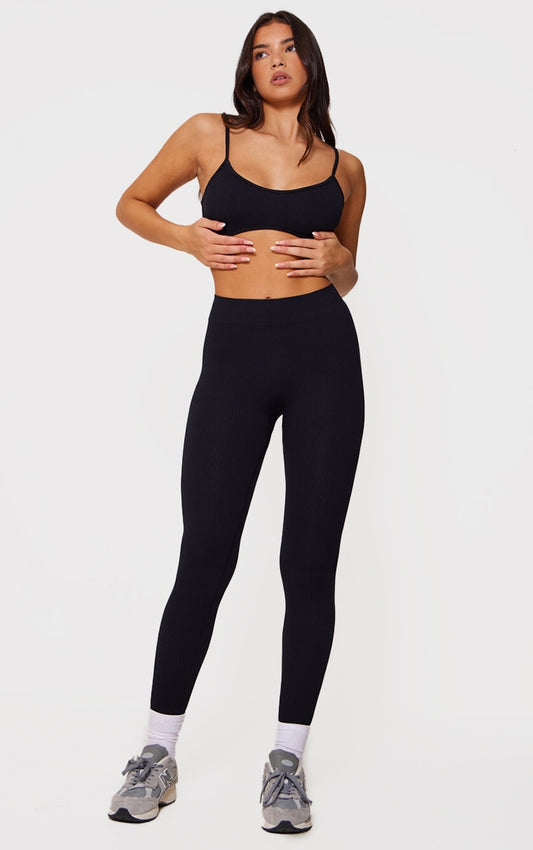 Black Structured Contour Rib Cuffed Detail Leggings