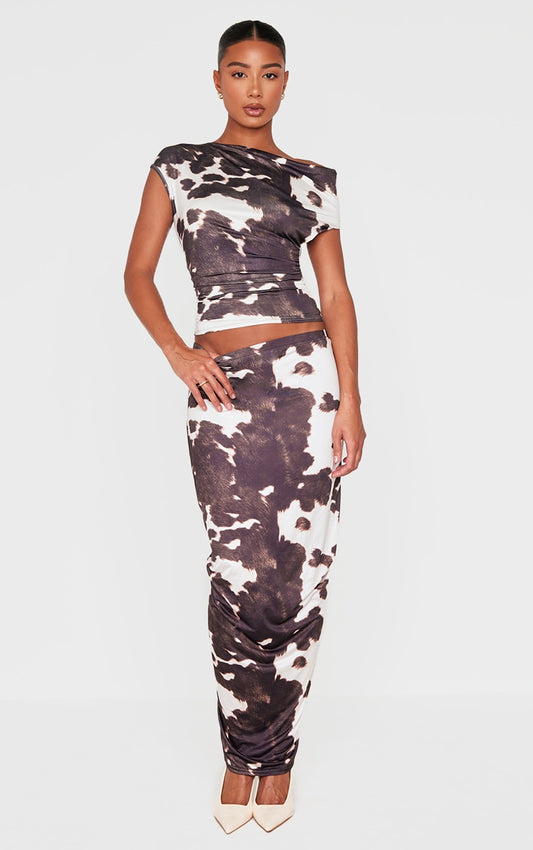 Brown Printed Soft Touch Ruched Side Maxi Skirt