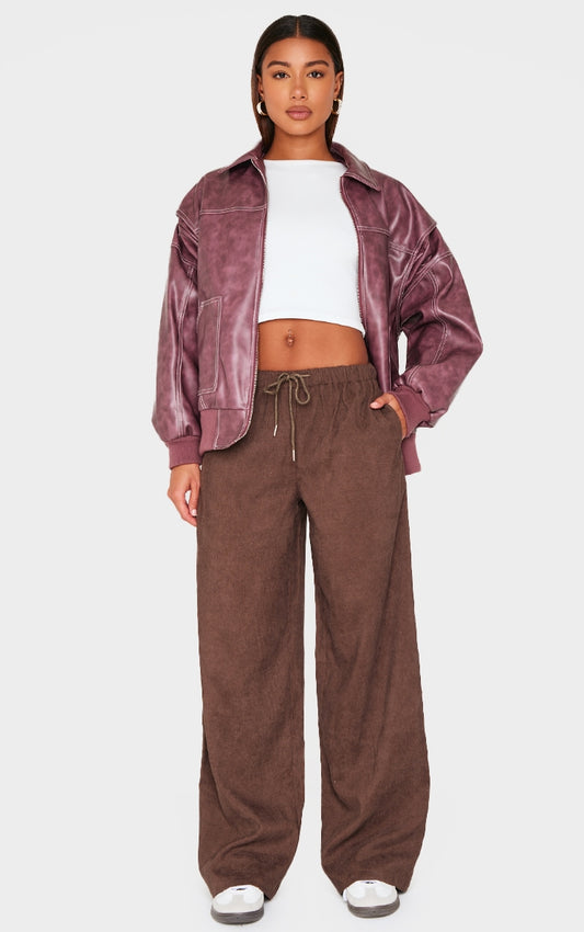 Dark Chocolate Cord Tie Waist Low Rise Trousers