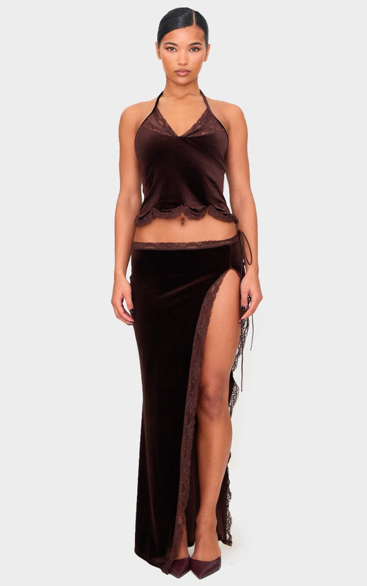 Chocolate Velvet Lace Split Maxi Skirt