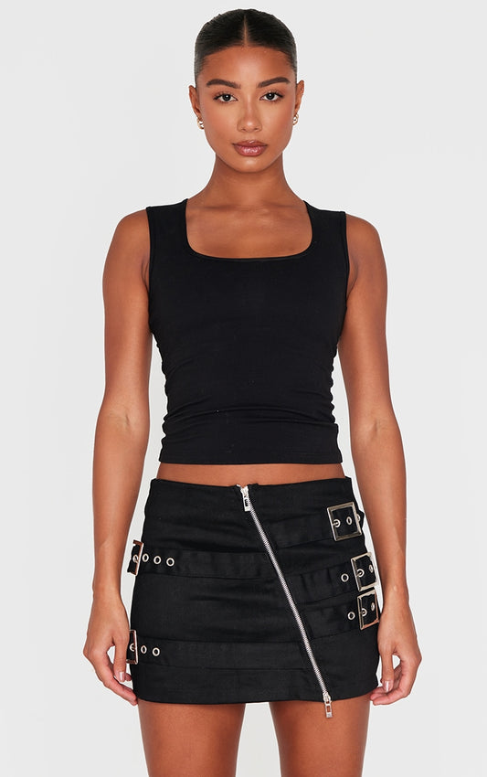 Black Twill Multi Belt Detail Mini Skirt