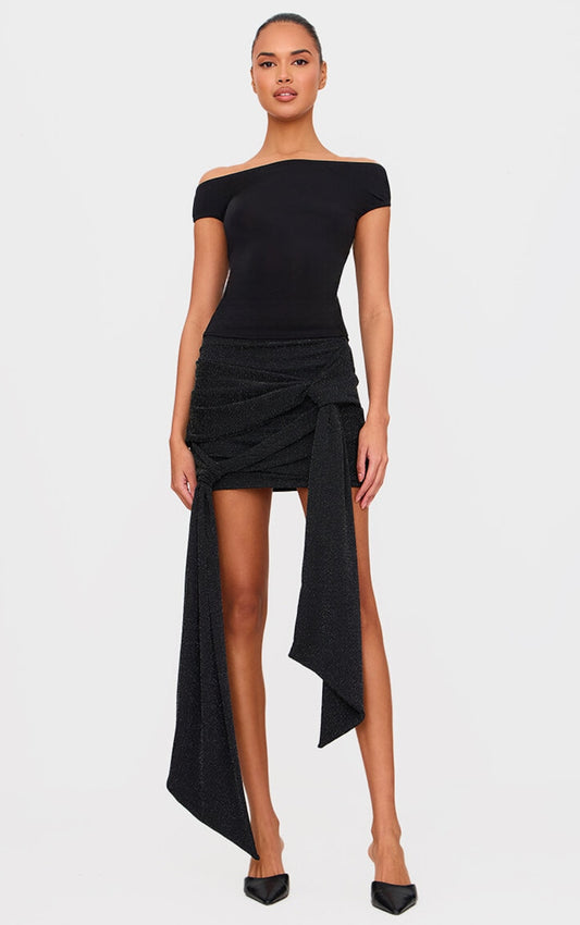Black Glitter Lurex Double Knot Front Mini Skirt
