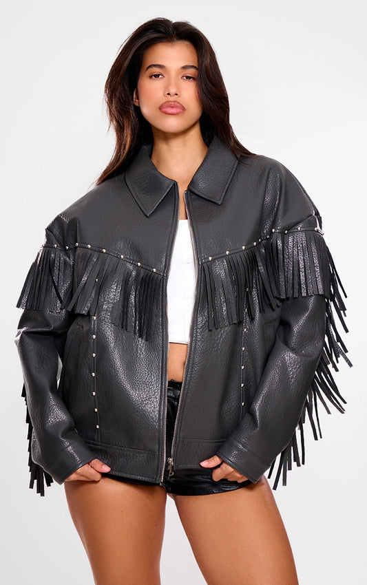 Black Faux Leather Fringe Detail Studded Oversized Jacket