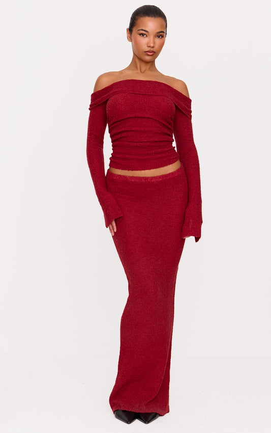 Burgundy Bobble Knit Maxi Skirt