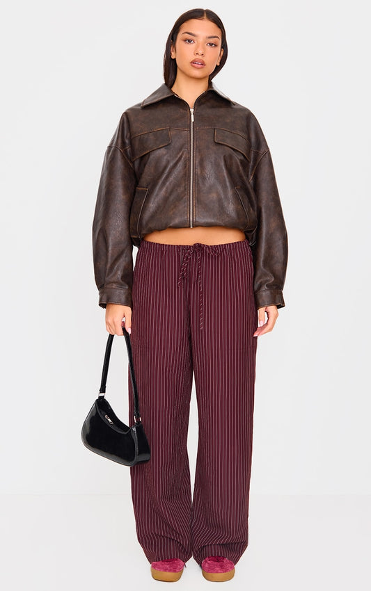 Burgundy Pinstripe Woven Drawstring Waist Low Rise Relaxed Trousers