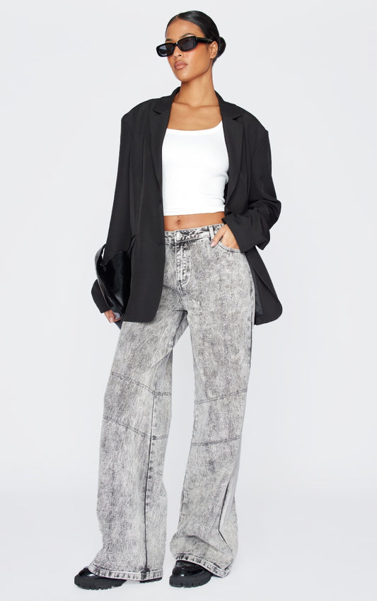 Tall Grey Acid Wash Low Rise Wide Leg Denim Jeans