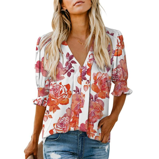 Casual Puff Ruffle V Neck Blouses
