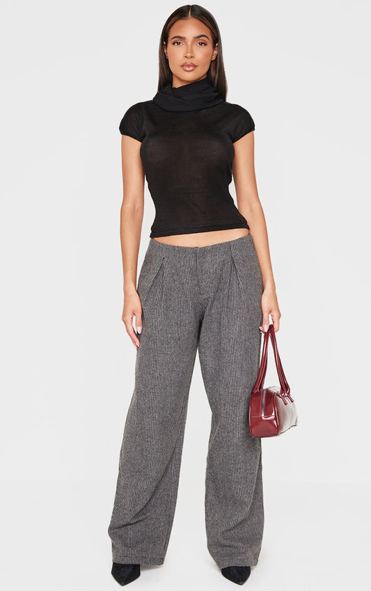 Charcoal Tweed Low Rise Straight Leg Trousers