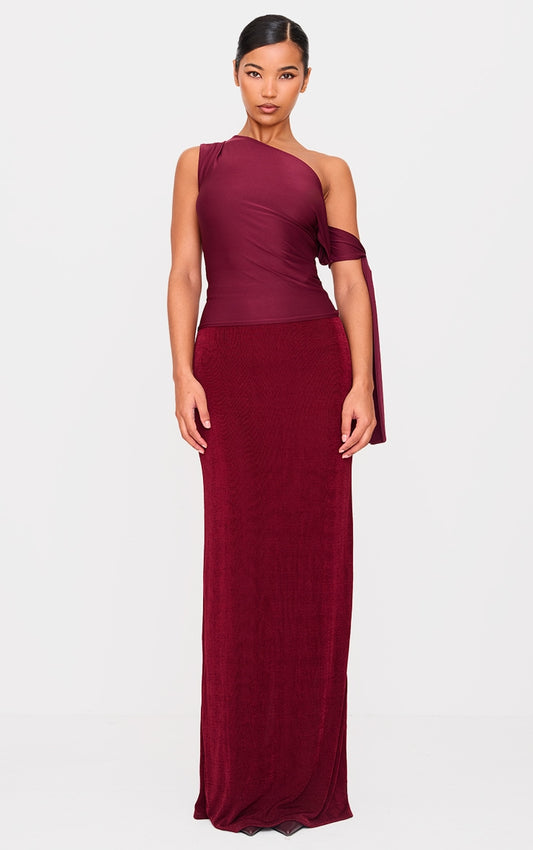 Burgundy Acetate Slinky Low Rise Maxi Skirt