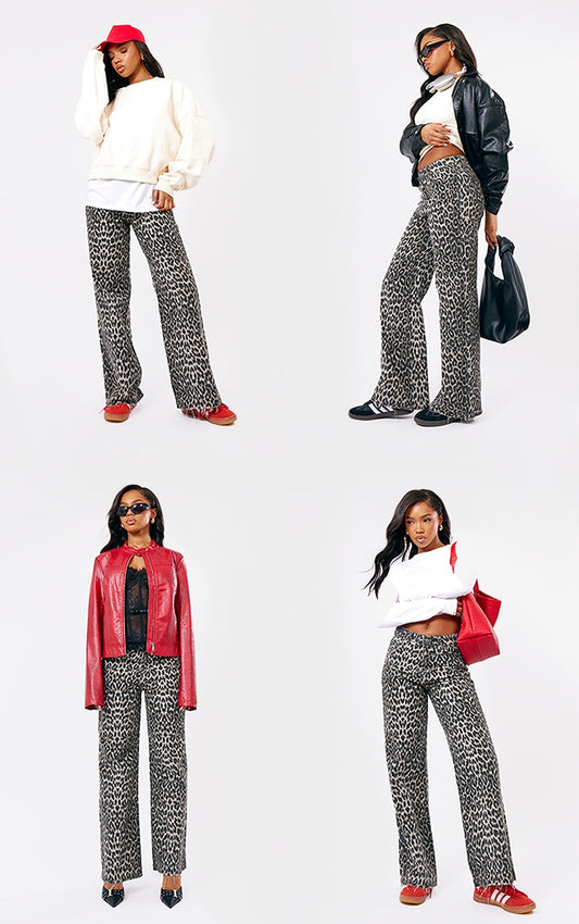 Brown Leopard Print Denim Wide Leg Denim Jean