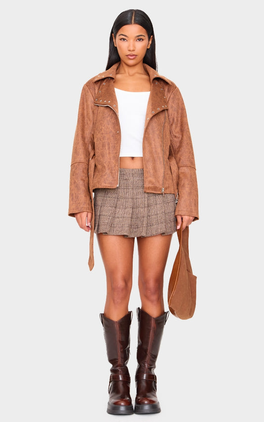 Brown Distressed Faux Leather Belted Biker Jacket