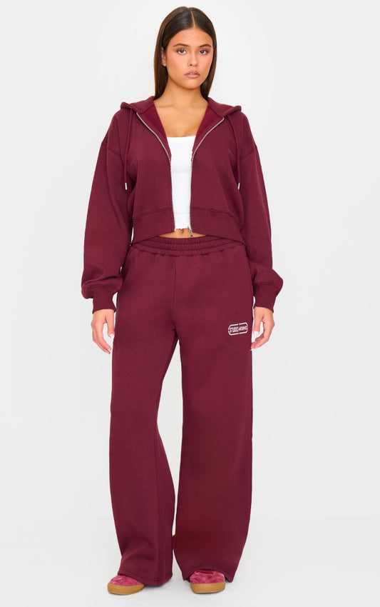 Burgundy Studio Archives Embroidered Wide Leg Joggers