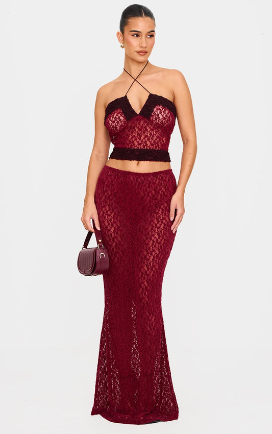 Burgundy Textured Lace Maxi Skirt