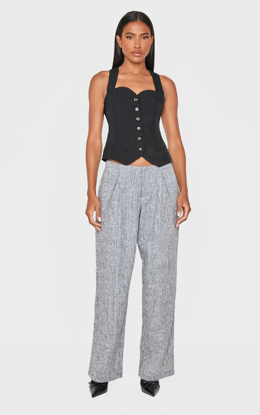 Grey Tweed Low Rise Straight Leg Trousers