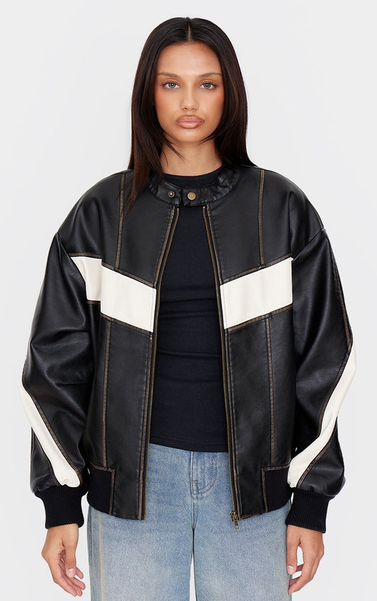 Black Faux Leather Contrast Panel Longline Bomber Jacket