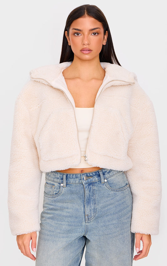 Cream Borg Hooded Pocket Detail Zip Up Jacket