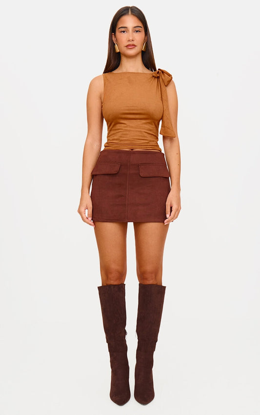 Chocolate Faux Suede Pocket Front Mini Skirt