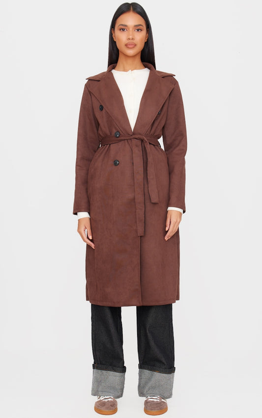 Chocolate Faux Suede Trench Coat