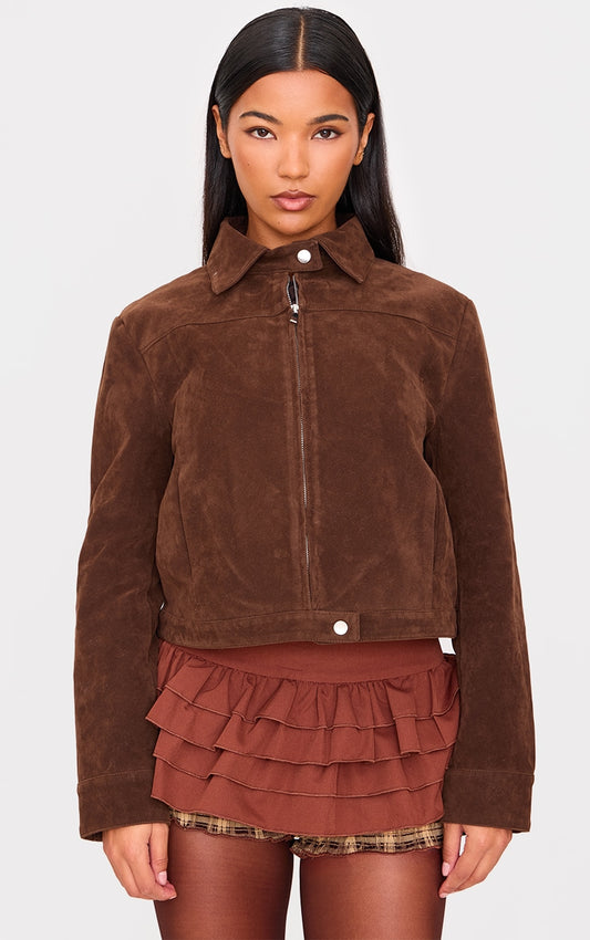 Brown Brushed Faux Suede Seam Detail Jacket