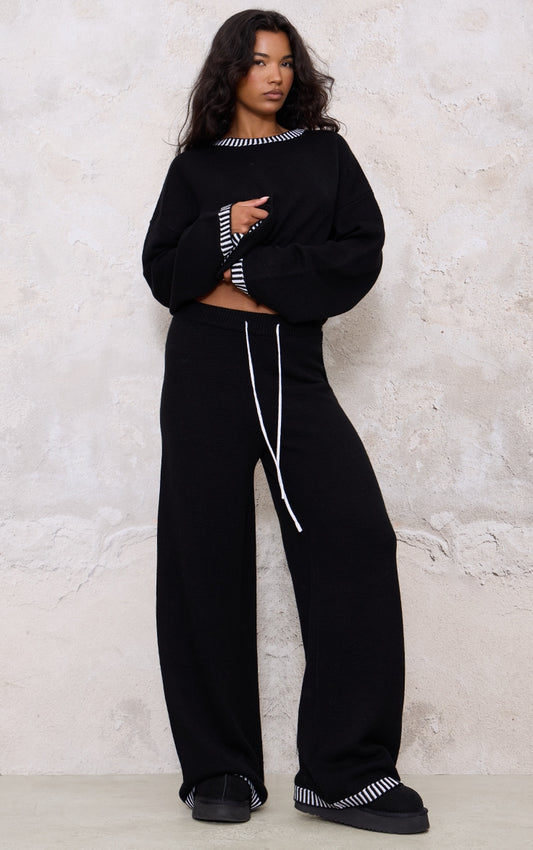 Monochrome Contrast Stitch Detail Knit Drawstring Waist Trousers