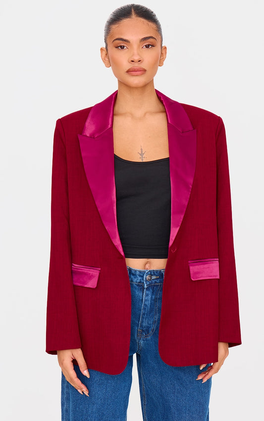 Burgundy Tuxedo Oversized Blazer