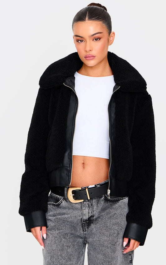 Black Plush Faux Fur Contrast Faux Leather Zip Up Jacket