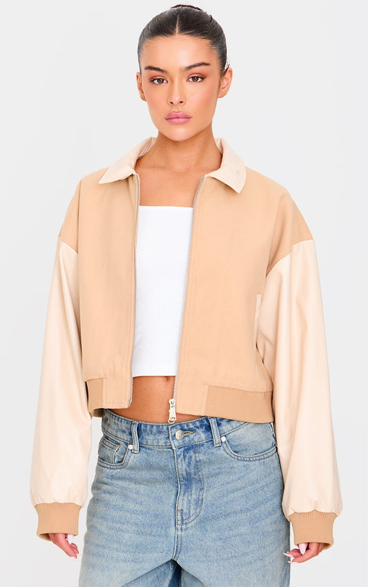 Sand Faux Leather Contrast Wool Look Bomber Jacket