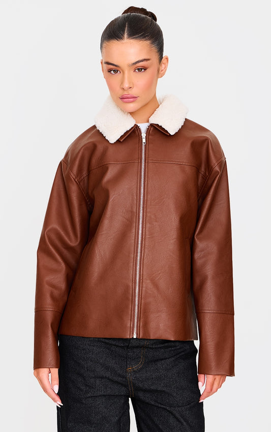 Washed Brown Detachable Faux Fur Collar Faux Leather Jacket