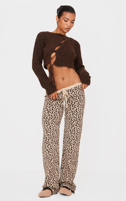 Brown Leopard Print Wide Leg Knitted Trousers