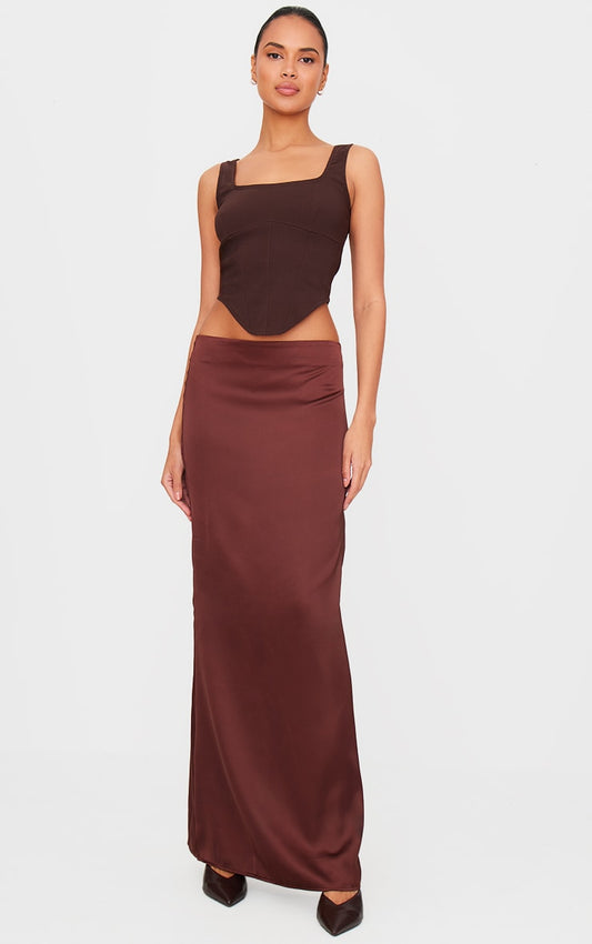 Dark Chocolate Satin Low Rise Maxi Skirt