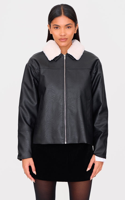 Black Detachable Faux Fur Collar Faux Leather Jacket