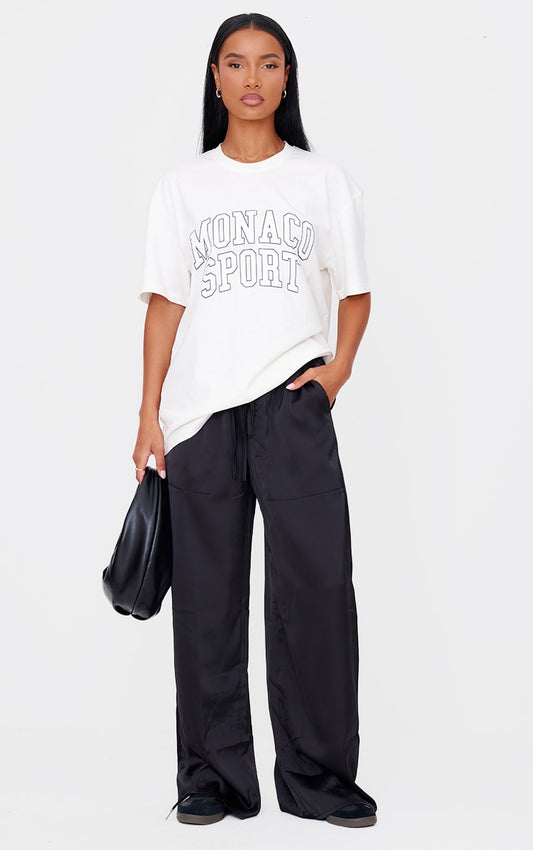 Black Premium Satin Low Rise Wide Leg Drawstring Trousers