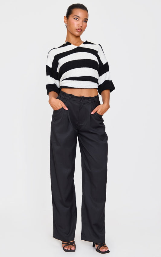 Black Woven Waistband Detail Tailored Straight Leg Trousers