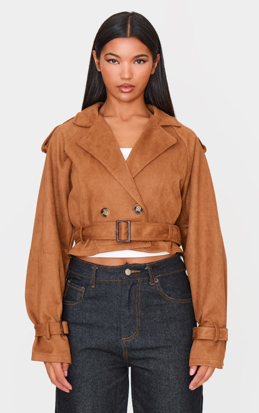 Tan Cropped Faux Suede Belted Trench Coat