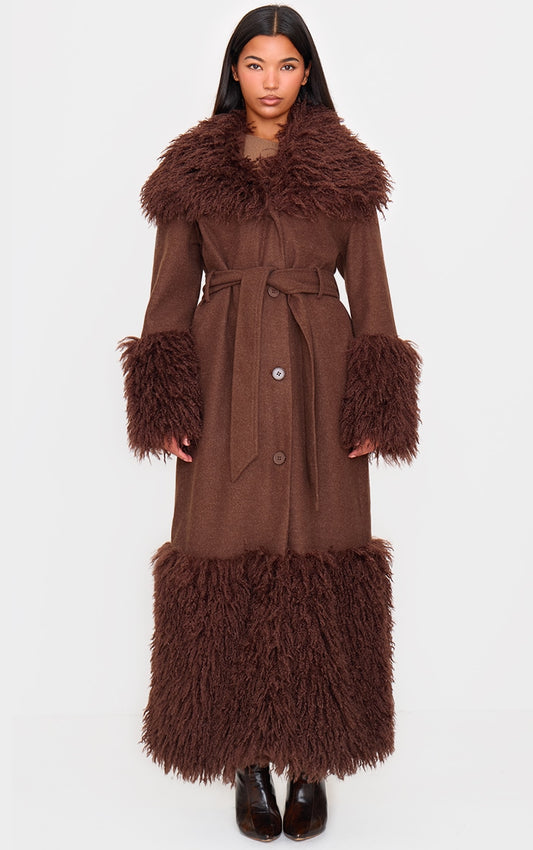 Brown Faux Fur Trim Contrast Wool Look Coat