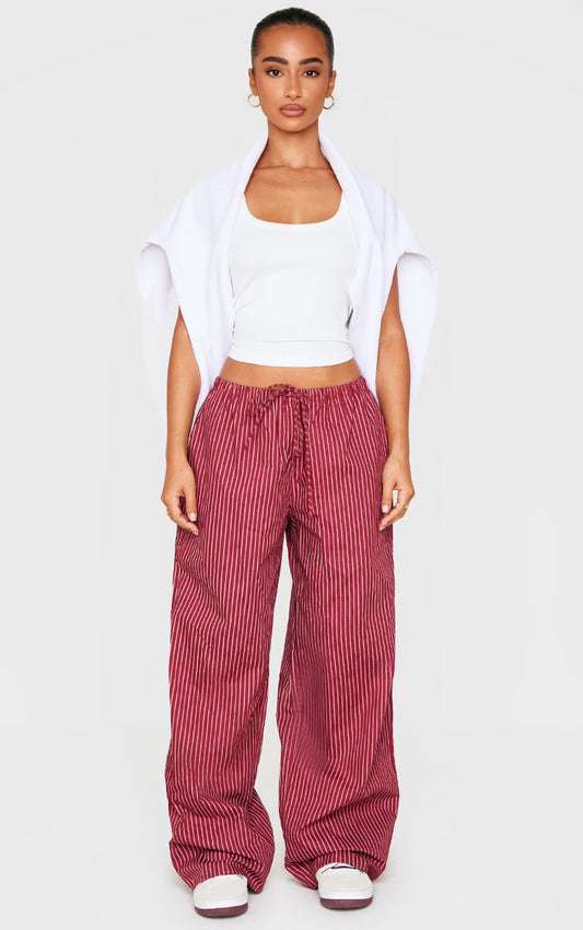Petite Burgundy Pinstripe Woven Drawstring Waist Low Rise Trousers