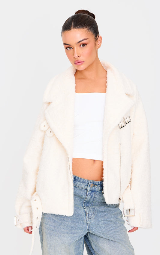 Cream Wool Look Aviator Jacket