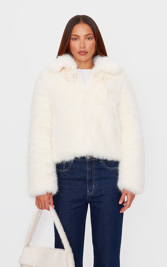 Ecru Plush Faux Fur Toggle Detail Jacket