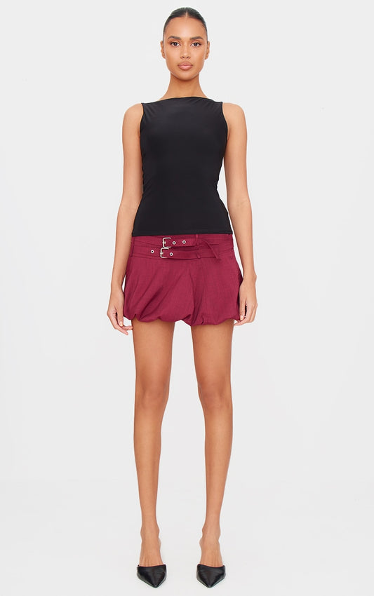 Burgundy Double Belt Detail Puffball Mini Skirt
