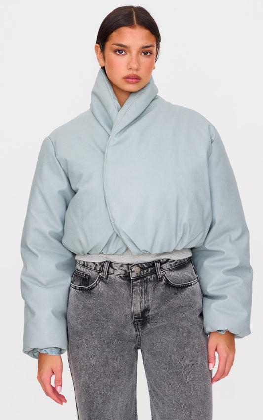 Grey Faux Leather Fold Over Puffer Jacket
