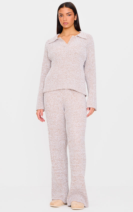 Stone Marl Knitted Wide Leg Trousers