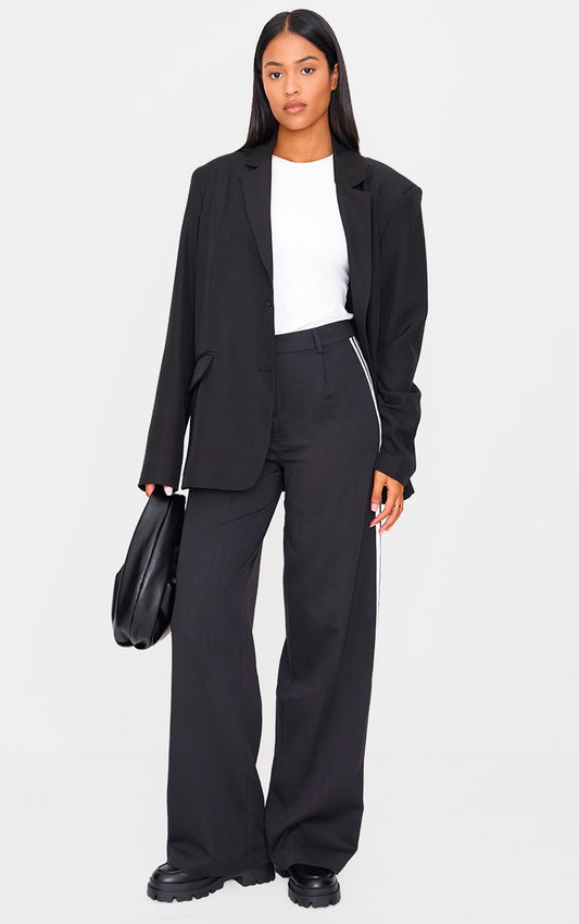 Tall Black Side Stripe Tailored Wide Leg Trousers