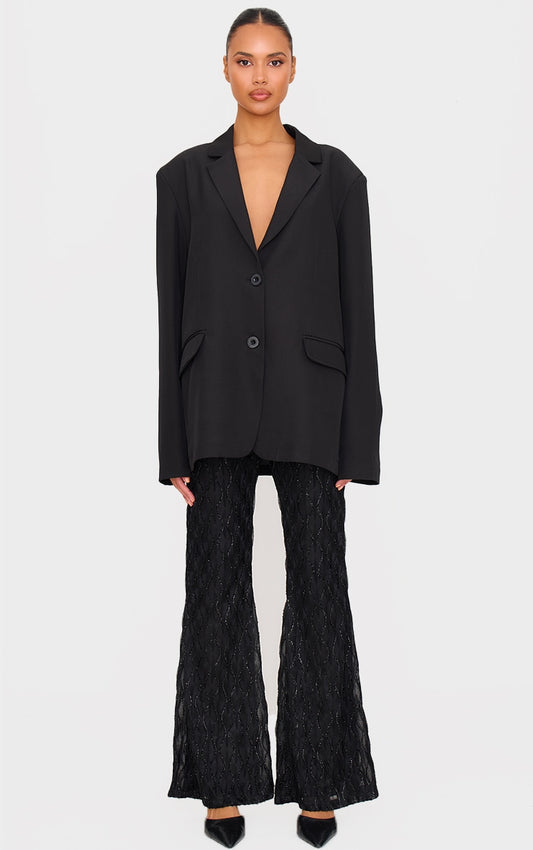Black Textured Glitter Mesh Flared Trousers