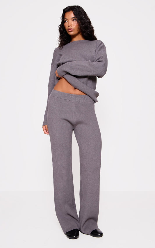Grey Light Rib Knit Wide Leg Trousers