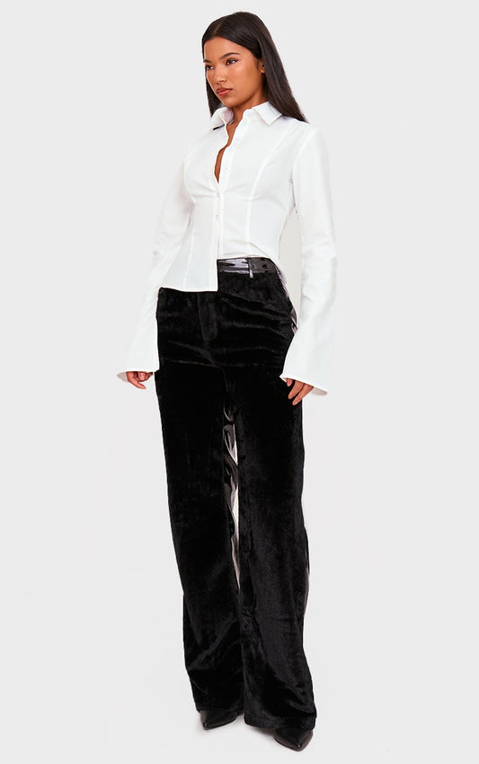 Black Faux Fur Wet Look Contrast Fabric Straight Leg Trousers